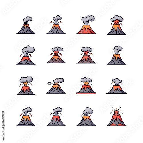Set of Sixteen Minimalist Volcano Icons Showing Different Eruption Stages with Lava and Smoke on White Background