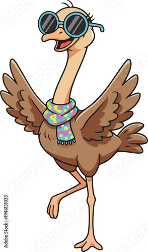 Cute cartoon ostrich character wearing sunglasses and a colorful scarf