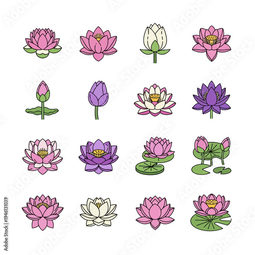 Various colorful lotus flower icons and symbols including buds and lily pads for spiritual or spa design.