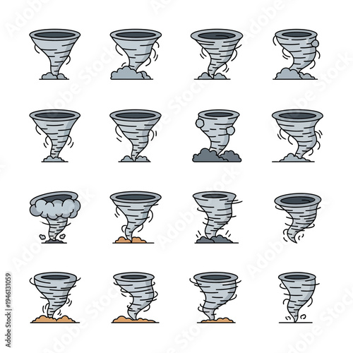 Set of Cartoon Tornado Icons, Cyclone and Twister Weather Symbols for Web Design and App Development