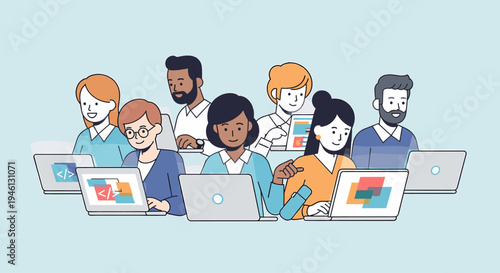 Diverse team of software developers coding on laptops together