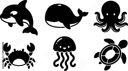 Silhouette vector icons of killer whale whale octopus crab jellyfish sea turtle marine animals collection