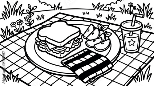 Black and white line art picnic scene with sandwich apple slices napkin and juice cup on checkered blanket outdoor view