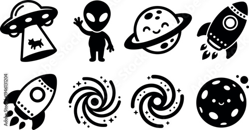 Minimalist black and white vector icons space alien waving rocket ships planets moons and spiral galaxy symbols in simple flat design