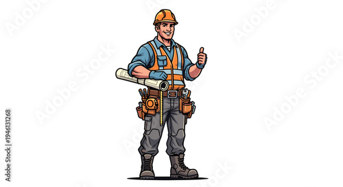 Smiling construction worker with blueprint giving thumbs up gesture