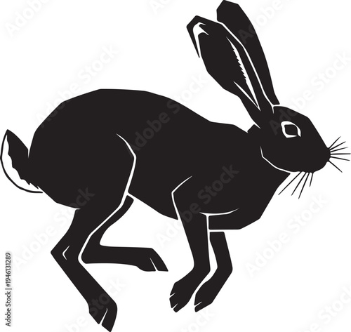 A dynamic black silhouette of a jackrabbit in mid-stride, showcasing its iconic long ears and powerful legs in a vector style.
