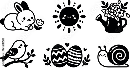 Cute black and white spring vector illustrations of bunny with flower bird on branch smiling sun watering can with flowers decorated eggs and happy snail icons