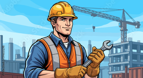 Smiling construction worker holding wrench at building site