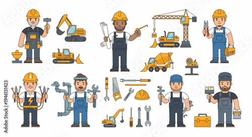 Various construction workers, tools, and heavy equipment collection on white background