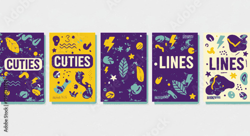 Vibrant purple and yellow book covers with whimsical illustrations and patterns on white background