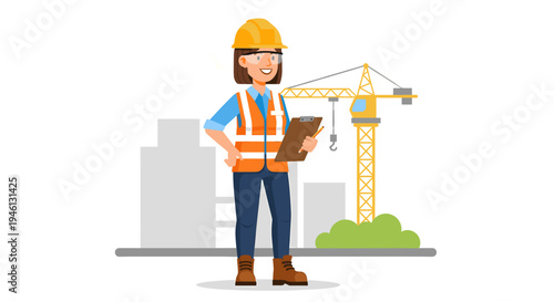 Woman engineer in hard hat holding clipboard at a construction site