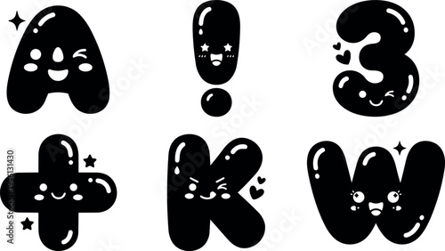 Cute kawaii style black cartoon letters and symbols a exclamation mark three plus k w with happy expressions
