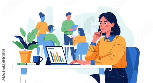 Woman thinking at desk with laptop in busy modern office