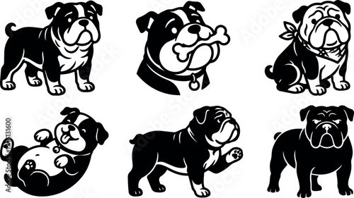 Black and white vector art of six playful bulldogs including sitting rolling standing and smiling poses with bone and scarf accessories