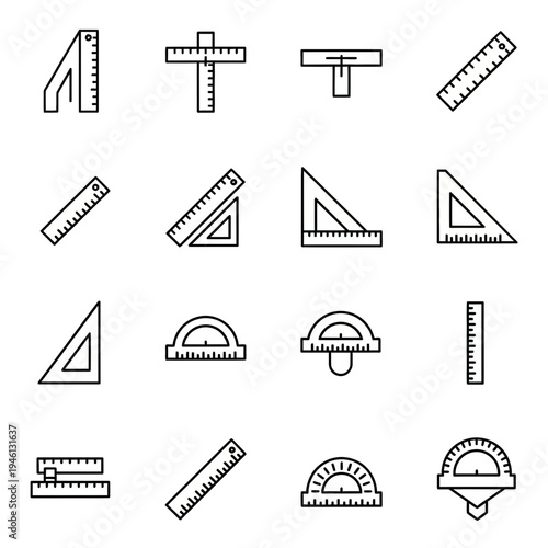 Set of 16 minimalist linear icons representing various measuring tools like rulers, protractors, and triangles for drafting and engineering.