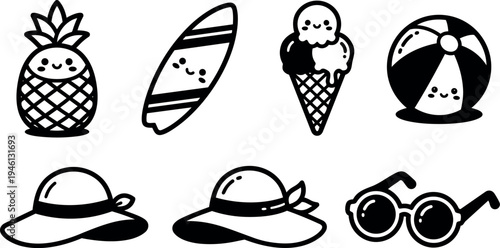 Cute black and white kawaii summer icons including pineapple surfboard ice cream beach ball sun hat and round sunglasses