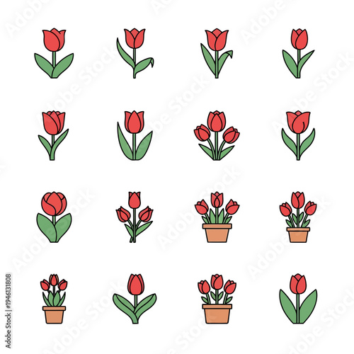 Collection of sixteen red tulip flower icons in different arrangements and flowerpots isolated on a white background