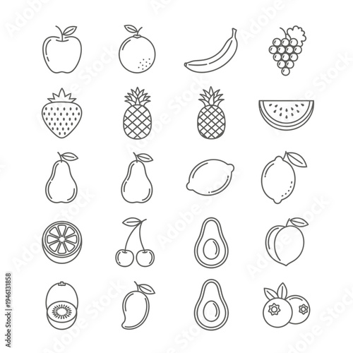 Minimalist collection of fruit line icons featuring apple, orange, banana, grape, strawberry, pineapple, watermelon, pear, lemon, avocado, and kiwi