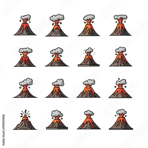 Set of sixteen flat cartoon volcano eruption icons with red lava and grey smoke on white background
