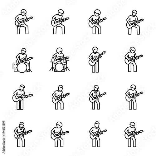 Collection of Minimalist Line Art Icons Featuring Musicians Playing Electric Guitars and Drums in Various Dynamic Poses