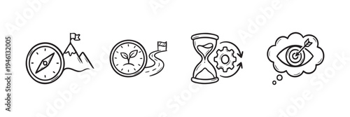 Hand Drawn Business Goals and Strategy Icon Set with Compass, Mountain, Hourglass and Vision Symbols