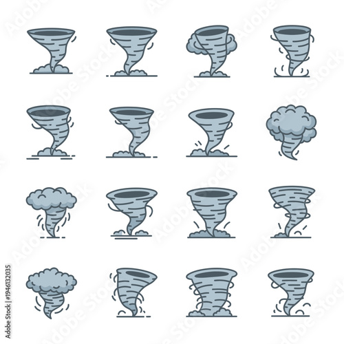 Collection of sixteen cartoon tornado icons showing various spinning storm funnel designs for weather and disaster concepts.