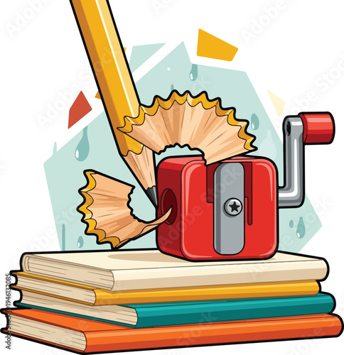 A yellow pencil is being sharpened by a red manual sharpener, creating wood shavings, all resting on a stack of colorful books.