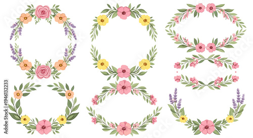 Collection of floral wreath designs with colorful flowers.