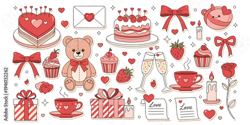 Valentine’s Day romantic illustration with hearts, teddy bear, cupcakes, roses, champagne, gifts, festive love design, flat vector art