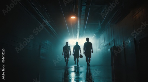 Soccer players walking down a dimly lit, smoky football tunnel corridor silhouette.