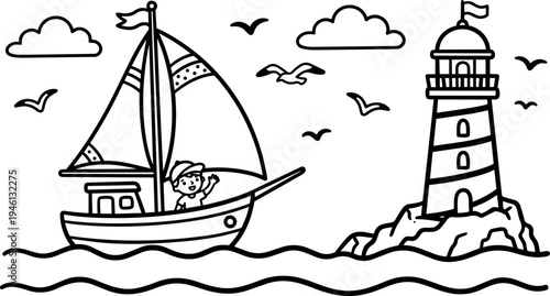 Black and white line art sailing boat with waving boy near striped lighthouse on rocky shore with seagulls and clouds