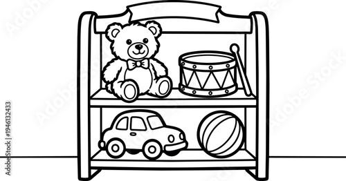 Black and white line art of toy shelf showing teddy bear drum car and ball in minimalist style simple children playroom design