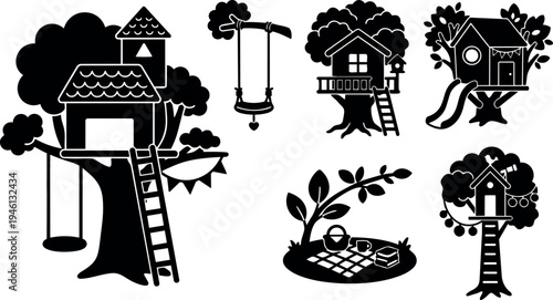 Black silhouette vector art of tree houses with ladders swings slides and picnic setup in woodland play area scene