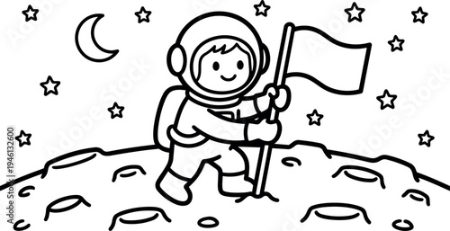Cute astronaut placing flag on lunar surface cartoon vector line art style with stars and crescent moon background