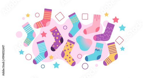 Colorful socks and stars illustration for World Down Syndrome Day awareness campaign with a pink background and business design elements