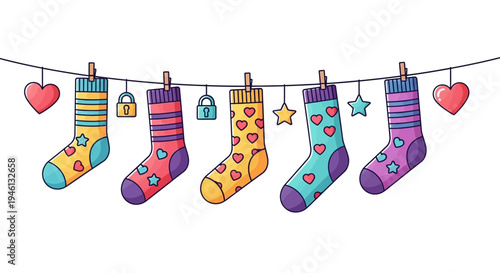Colorful socks with hearts and stars hang on a clothesline with clothespins, hearts, and stars, promoting Down syndrome awareness in a lively and supportive campaign design