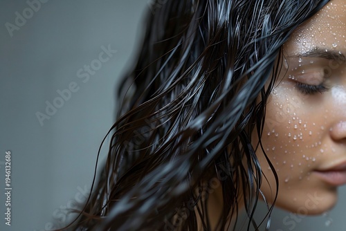 Woman with wet hair and water droplets on face close up