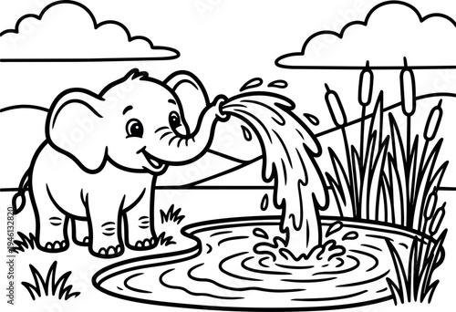 Cute baby elephant playing with water splashing from trunk near pond with reeds on sunny day outdoor landscape cartoon vector art