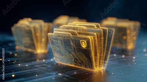 Confidential digital data document organization and cloud storage. Secure, holographic file folder concept with a glowing, orange folders stored data on a technological platform.