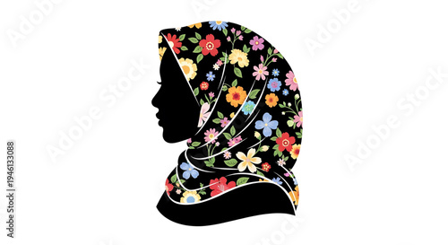 Silhouette A black silhouette of a woman wearing a vibrant floral hijab, a symbol of cultural and religious identity