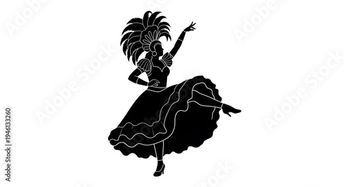 Silhouette A black silhouette vector graphic of a flamenco dancer in a traditional dress and feathered headdress