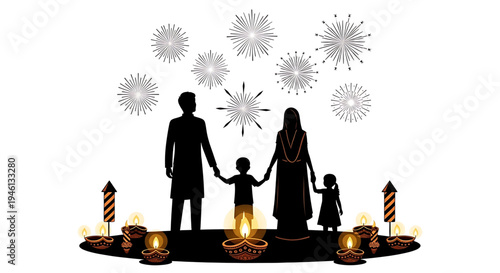 Silhouette A family celebrates Diwali with fireworks and traditional lamps