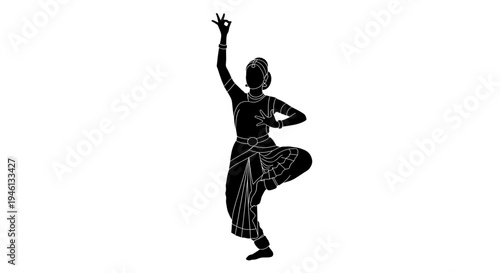 Silhouette A black silhouette of a woman performing Bharatanatyam, a traditional Indian classical dance.