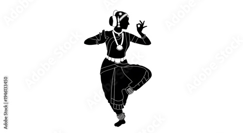 Silhouette A black silhouette of a traditional Indian dancer in a dynamic pose, wearing ornate jewelry and clothing.