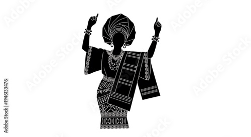 Silhouette A black silhouette illustration of a woman in traditional African attire with her hands raised in celebration