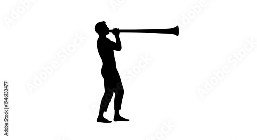 Silhouette A black silhouette of a man blowing a long trumpet on a white background