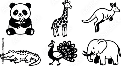 Black and white vector art of six wild animals including panda eating bamboo giraffe standing kangaroo jumping crocodile resting peacock displaying elephant walking