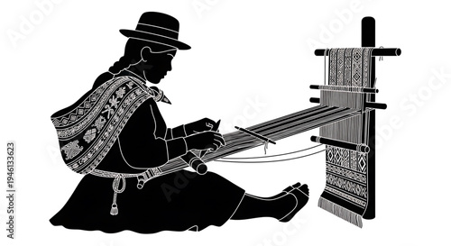 Silhouette A minimalist vector illustration of a person weaving on a traditional loom
