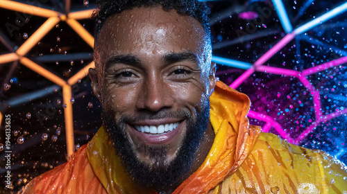 Wallpaper Mural Vibrant Portrait of a Happy Man in Rain with Neon Lights Torontodigital.ca