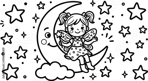 Cute fairy girl sitting on smiling crescent moon holding magic wand surrounded by stars and cloud in line art style